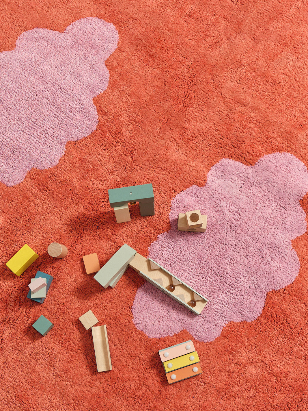 Clouds Red Washable Organic Cotton Cut Pile Rug