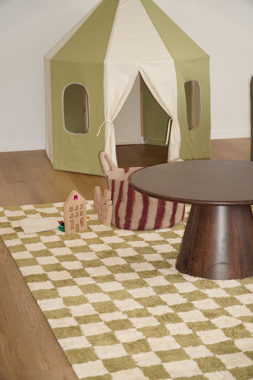 Micro check olive organic cotton pile rug double.online standard system 90x150cm